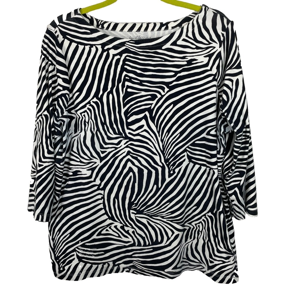Chicos‎ Tunic Top Womens XL Black White Animal Zebra Jungle Pullover Cotton